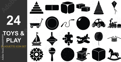 Collection of 24 classic toys and play objects in silhouette