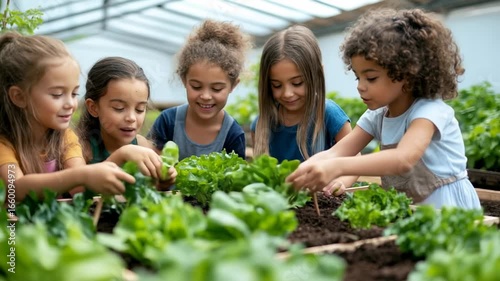 Video of children working in garden with green plants symbol of nature care, learning, farming and healthy life
