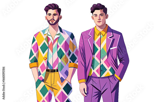Stylish men wearing a bold pink and yellow geometric outfit, modern fashion design, trendy streetwear concept, perfect for editorial, fashion blogs, or branding visuals.