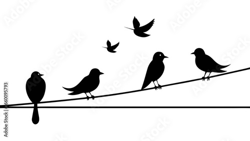 Black Silhouette Birds Perched Telephone Wire Flying Birds