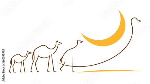 Continuous Line Art Camel Caravan Crescent Moon Desert