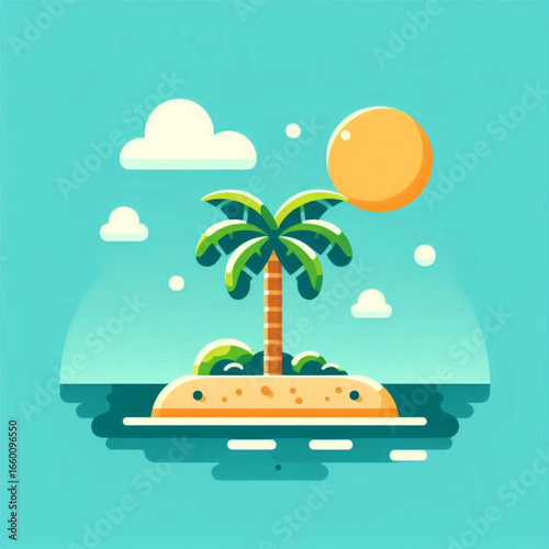 Vibrant tropical island scene featuring a palm tree under a bright sun with serene ocean waves