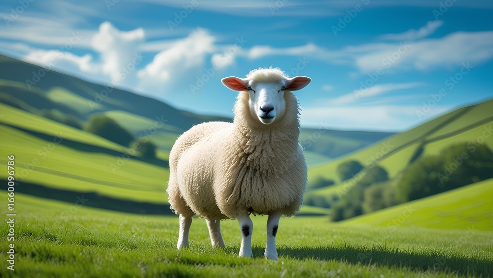 Fototapeta premium a single fluffy white sheep standing in the foreground 