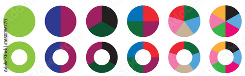 Pie chart color icons. Pie chart sign. Circle section graph. Wheel round diagram parts. pie charts data, pie charts infographic, pie chart bar graphs. Vector illustration
