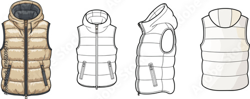 Hooded puffer vest CAD drawing, technical flat sketch, down gilet vector fashion illustration, front side back design template view