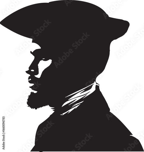 A stylized black and white silhouette of a man's head and shoulders, from the side profile, wearing 1800s caribbean fashion man tricorn hat and what looks to be 18th century clothing.