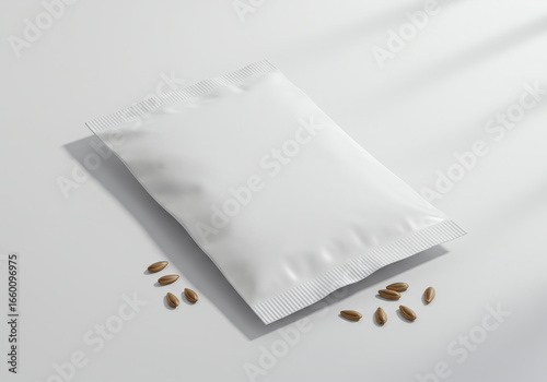 Blank White Packaging Pouch with Seeds Mockup
