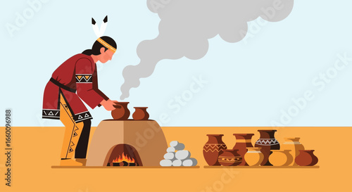 Native American potter carefully placing pottery pieces in a traditional kiln, surrounded by finished clay vessels.