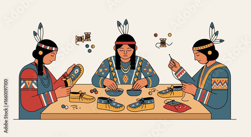 Three Native American women meticulously crafting traditional moccasins together.