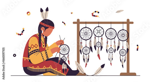 Native American craftswoman meticulously crafting dream catchers, adorned with feathers and beads.