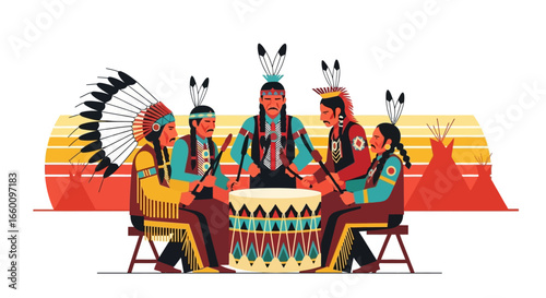Native American group ceremonially drumming around a large decorated drum at sunset.