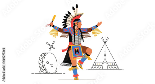 An Indigenous American person in traditional feathered regalia performs a cultural dance.