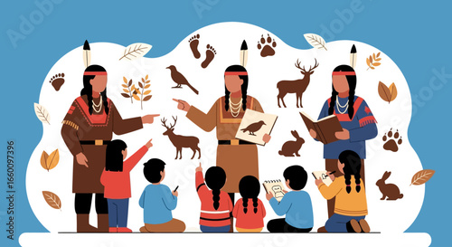 Indigenous teachers in traditional clothing sharing knowledge about animals and nature with children.