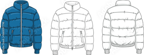 Winter puffer jacket CAD template, fashion technical flat sketch, down coat vector illustration, front and back view design drawing