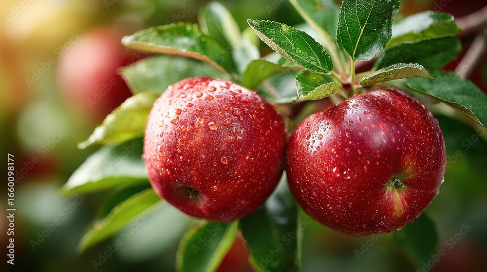 Obraz premium Fresh Red Apples on Tree Branch with Water Droplets in Orchard