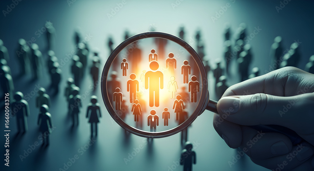 Fototapeta premium Discovering key talent, magnifying critical focus on individuals within a diverse crowd.