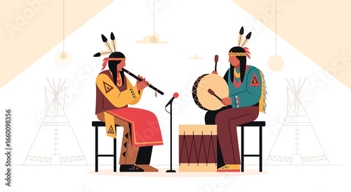 Two Native American musicians playing traditional instruments: a flute and a drum, in a simple setting with teepee outlines.