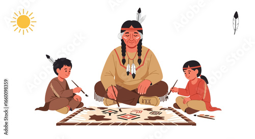 Native American mother and two children painting traditional symbols on a woven blanket, sitting on the ground in a bright, sunny setting.