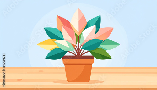 Colorful potted plant with geometric leaves sits on clean wooden desk, bright and simple flat illustration evoking calm and freshness in minimal style