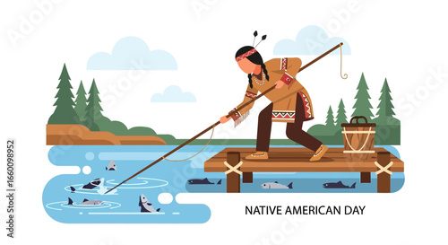 Native American fishing with spear on wooden platform, celebrating Native American Day.