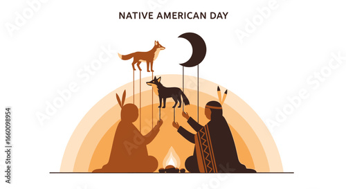 Native American couple performs shadow puppet show with fox and wolf silhouettes against sunset.