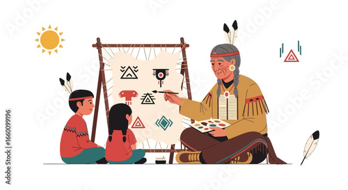 Indigenous elder teaching children traditional symbols and art on a canvas, with a bright sun in the background.