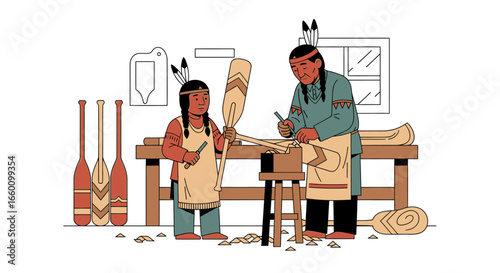 Indigenous people, a mentor and apprentice, crafting a canoe paddle in a traditional workshop setting.