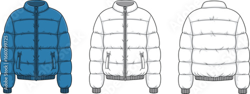 Bomber style puffer jacket vector, fashion flat sketch, winter outerwear template, CAD drawing front back view, technical illustration design