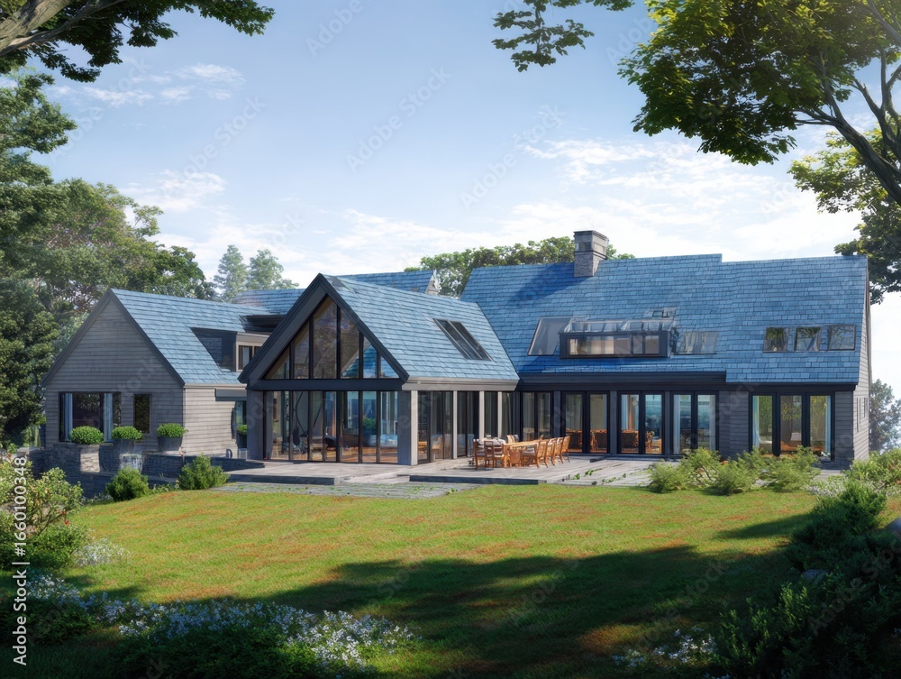 Obraz premium A large house with a green lawn and a blue roof. The house has a lot of windows and a large patio