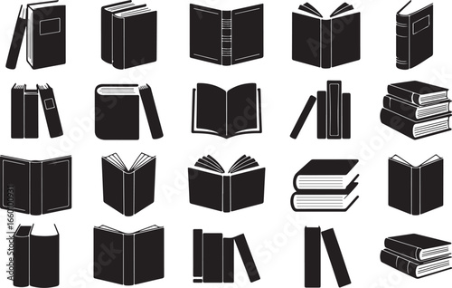 Vector art of collection of various book silhouettes for education, literature, and library themes in black and white style