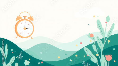 Colorful Alarm Clock Surrounded by Abstract Nature Elements and Soft Waves