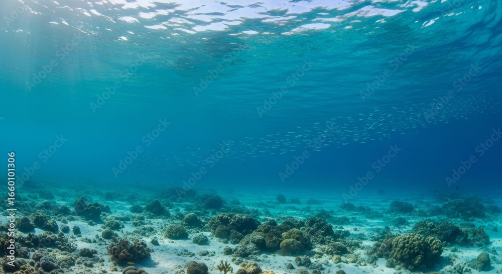 Obraz premium Stunning underwater scene with vibrant coral reef and school of fish in crystal blue water