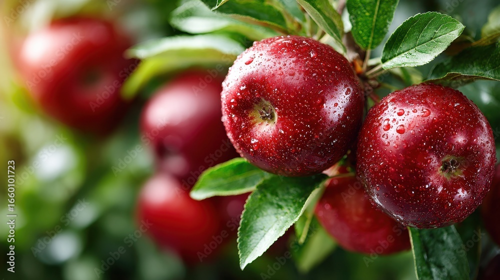 Obraz premium Fresh Red Apples on Tree Branch with Water Droplets in Orchard