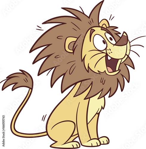 Cartoon illustration of a scared lion with wide eyes and open mouth, sitting and looking upwards with a startled expression,Isolated on white background, funny animal character