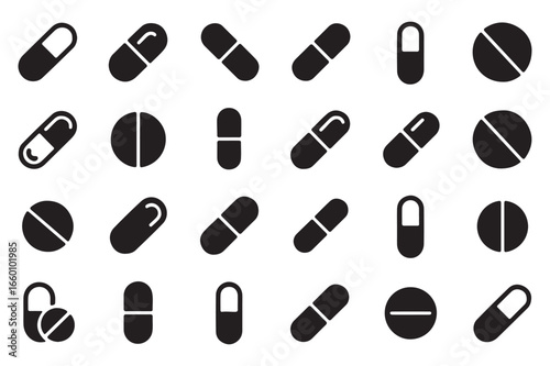 Vector art of collection of various black and white medicine pills and capsules for medical and pharmaceutical concepts