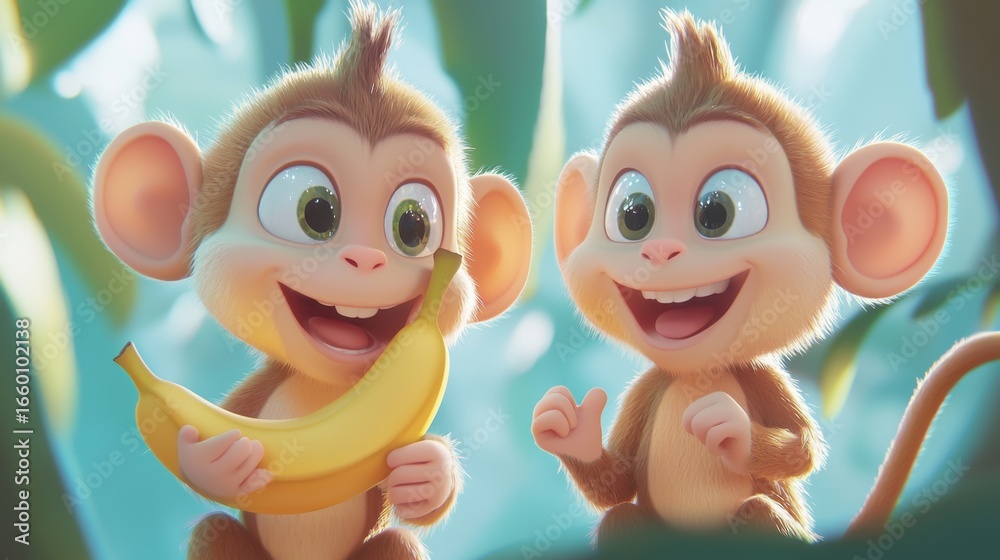 Fototapeta premium Two Cheerful Cartoon Monkeys Enjoying a Banana in an Lush Jungle Setting with Bright Background and Playful Expressions