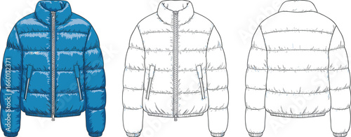Blue puffer jacket fashion illustration, technical flat sketch, winter outerwear vector, apparel design template, CAD drawing front and back