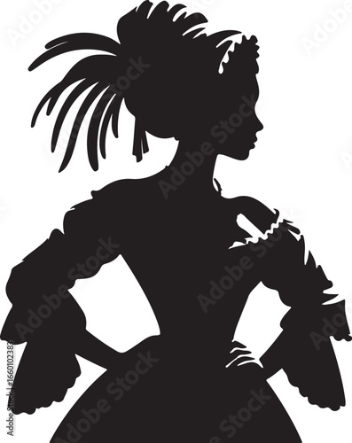 A black and white silhouette of a woman in 1800s caribbean fashion woman rococo-style dress, her hair styled in an elaborate updo with feathers, her hands resting on her hips, facing to the right, whi