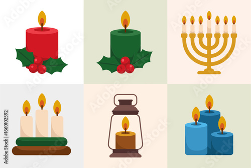 Candle and lantern icon grid, candlestick menorah tealight jar, square tile design, seasonal winter decoration, festive vector clipart, warm glow lighting elements