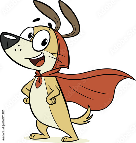 Cartoon dog wearing a red cape and costume, ready for adventure