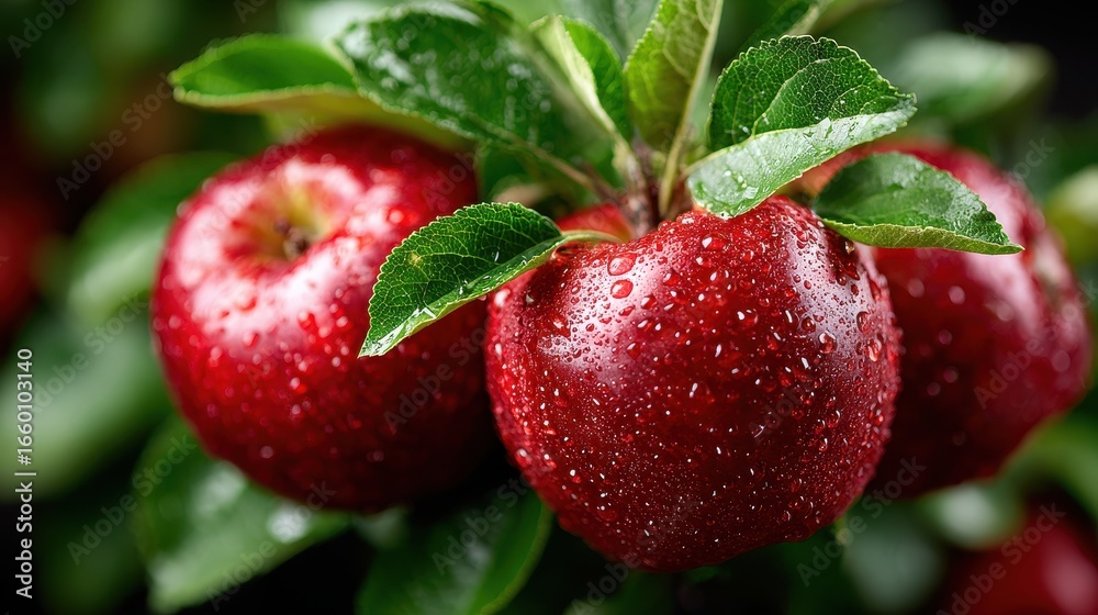 Obraz premium Fresh Red Apples on Tree Branch with Water Droplets and Green Leaves