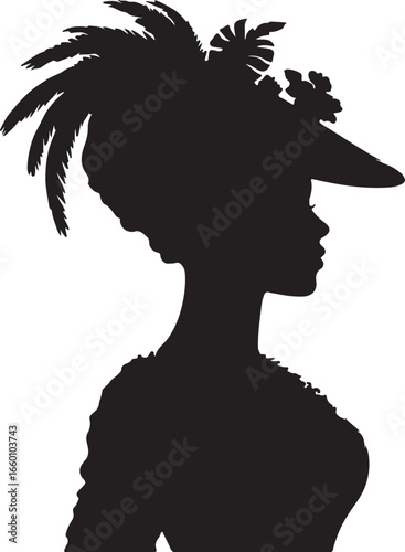 A black silhouette of a woman in profile view, wearing 1800s caribbean fashion woman large hat adorned with feathers and flowers, suggesting a style reminiscent of the late 18th or early 19th century.