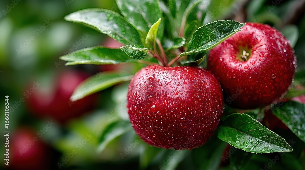 Obraz premium Fresh Red Apples on Tree Branch with Water Droplets in Orchard