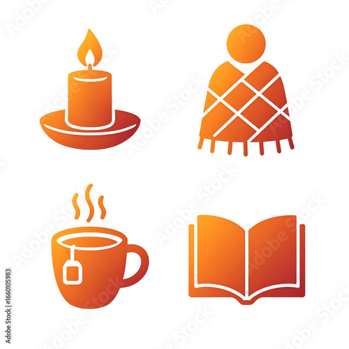 Orange Gradient Icon Set with Candle Blanket Cup of Tea and Open Book Design