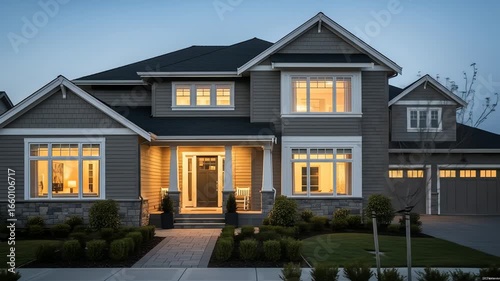 Evening exterior shot of a two-story house with a welcoming wreath on the front door, showcasing warm lighting against a twilight sky.