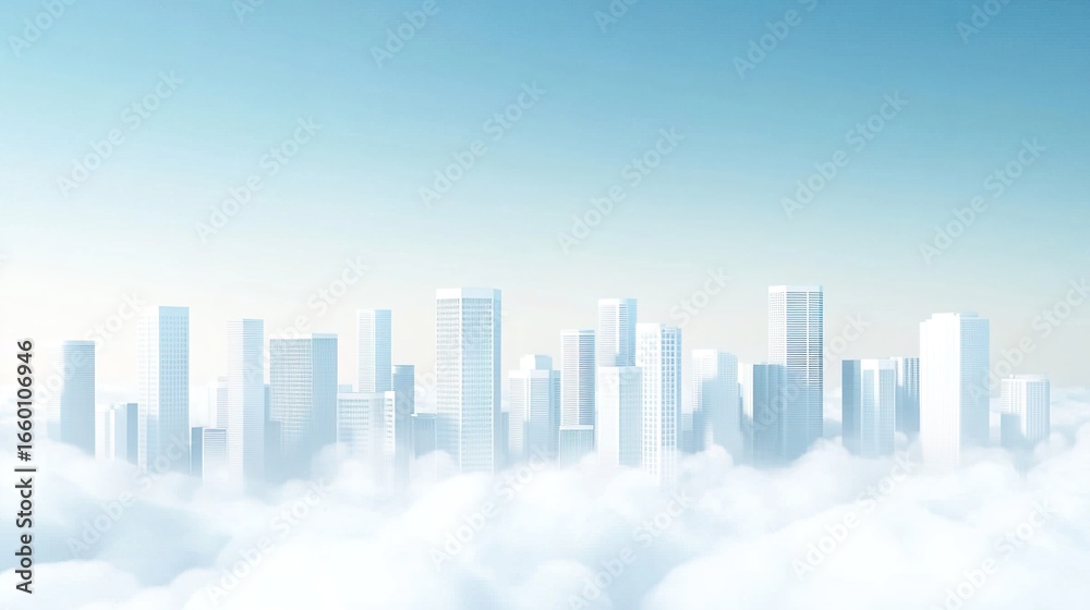 Fototapeta premium Futuristic City in Clouds: Surreal Architectural Landscape for Tech Concepts, Urban Planning & Creative Design