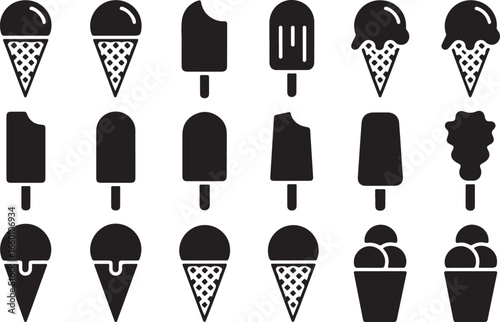 Vector art of collection of ice cream icons, , featuring various flavors and styles, perfect for summer designs and sweet treat illustrations