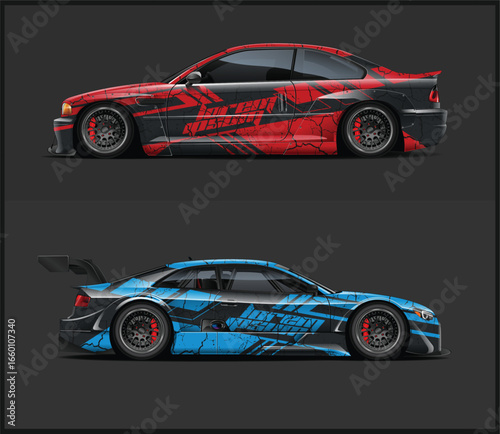 Two Sport Cars with Custom Racing Livery Designs on a Dark Background