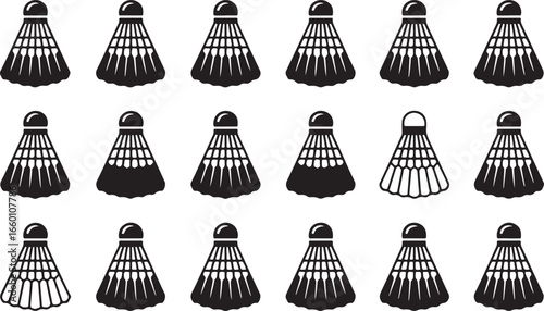 Vector art of badminton shuttlecock illustrations, displaying diverse feather patterns and design variations for sportsrelated visuals and projects