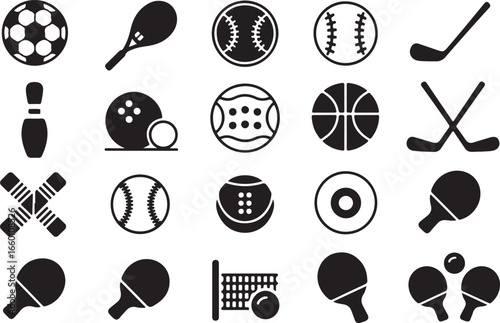Vector art of collection of sports equipment icons, featuring balls, rackets, and other gear for various games and activities